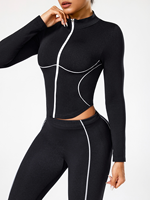 Veste de sport pour femme OEM HUCAI, taille plus, col montant, fermeture éclair intégrale, coutures contrastées blanches, fitness, gym, course à pied, yoga