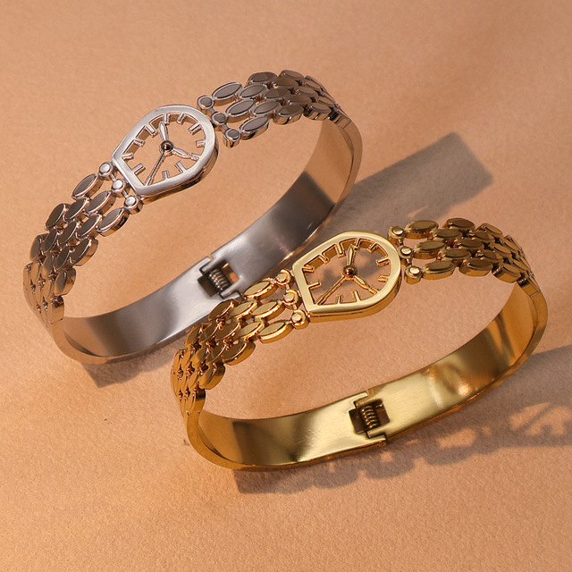 Fashion Minimal Watch Shape Titanium Steel Bracelet, Gold Plated Hollow Out All-match Ladies Bangle