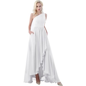 Abito da damigella monospalla da sposa con tasche lunghe Chiffon alto e basso stile stile formale Premium abito da sposa - Product Image 1