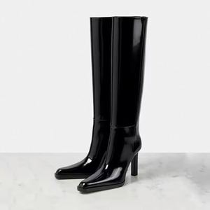 Botas Largas de Mujer de Alta Calidad, de Charol, por Encima de la Rodilla, Negras Brillantes, con Punta Cuadrada Pequeña y Tacón Grueso - Product Image 1