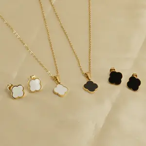 New Fashion 2pcs/set Non Tarnish Shell Clover Earrings Necklace Jewelry Set Gold Plated Stainless Steel for Women 18K Handmade