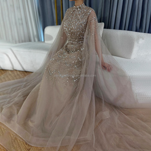 Abito da sera Serene Hill LA72728 a collo alto con perline, linea ad A, con mantello in tulle, elegante, blu polvere, stile arabo, per feste formali da donna - Product Image 6