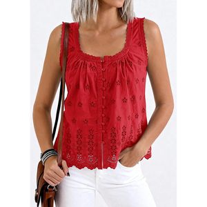 Womens Tank Tops <b>Red</b> Embroidered Eyelet Button Down Summer Casual <b>Blouse</b> Breathable Cotton Top Beach Vacation Clothes - Product Image 2
