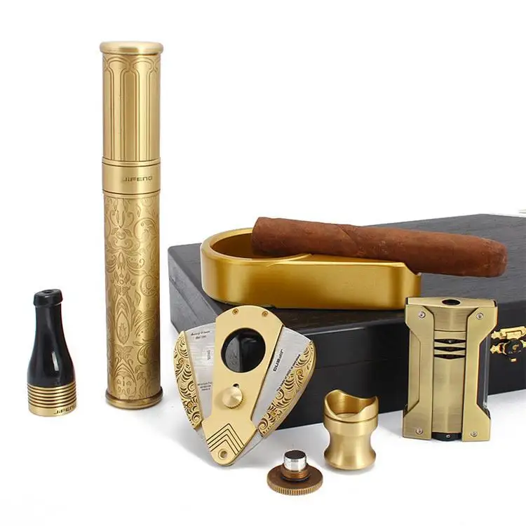 Goldgelbe Farbe Zigarren Geschenkset 6 Stück Feuerzeug Rohr Aschenbecher Schere für Zigarren Zubehör