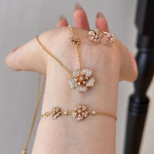 Romantic S925 Pure Silver & <b>Rose</b> <b>Gold</b> Plated Double Flower Diamond Cherry Blossom Ring Bracelet Necklace Silver <b>Jewelry</b> <b>Set</b> - Product Image 1