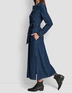 Vestido Maxi de Mezclilla Sólido con Corte en A, Mangas Largas, Cuello Alto, Aberturas Laterales, Forro de Algodón, Estilo Casual para Uso Diario, Primavera y Otoño, Tipo Halter - Product Image 3