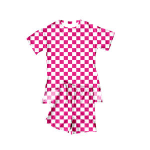GSSO3147 Ensemble décontracté pour enfants en gros, imprimé à carreaux rouge foncé et blanc, manches courtes, en laine peignée, pour petite fille active - Product Image 4