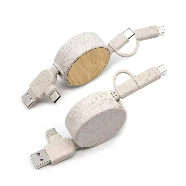 4-in-1 Multi-functional Bamboo Retractable Dual-Input Charging Cable Customized USB Type-C Cable Logo for Consumer Electronics