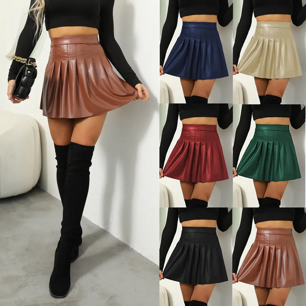 pleated women's dress faux leather PU short skirts sexy nightclub style ladies skirt