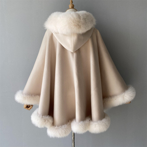 Moda sıcak satış popüler kapşonlu kaşmir panço pelerin ile gerçek tilki kürk Trim kadın çift taraflı yün panço - Product Image 3