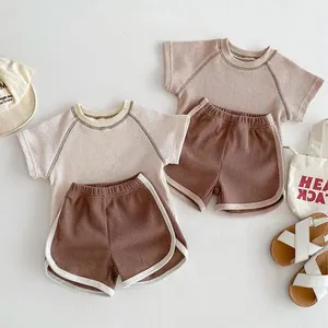 Summer Baby Boys And Girls Loose Waffle Top Pants Two-Piece Set Baby Short Sleeve T-Shirt Outwear