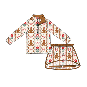 GLD1607 Ensemble de yoga personnalisé pour petite fille, avec jupe imprimée nœuds de Noël et biscuits, tenue d'hiver à manches longues pour enfant - Product Image 1