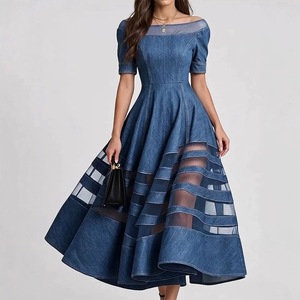 <span class=keywords><strong>Robe</strong></span> longue <span class=keywords><strong>en</strong></span> <span class=keywords><strong>jean</strong></span> pour femme, coupe trapèze évasée, à épaules dénudées, manches courtes bouffantes, patchwork rayé <span class=keywords><strong>en</strong></span> maille, élégante - Product Image 4