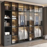 Armario Moderno 2026 con Puerta de Vidrio y Aluminio Gris, Luz LED Integrada, Estantes Abiertos, Cajones, de Piso a Techo, CARB OEM