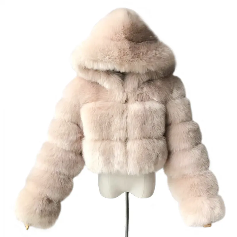 मोटी गर्म थोक अशुद्ध फॉक्स फर फसली कोट लघु बेज रंग सर्दियों के कपड़े नकली फर जैकेट Hooded अशुद्ध फर कोट महिला