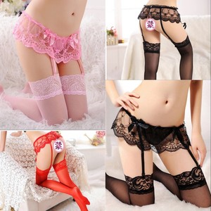 Sexy Lace Garter Stockings Set Women Thong Panties Sheer Nylon 3 Piece Lingerie Costume - Product Image 1