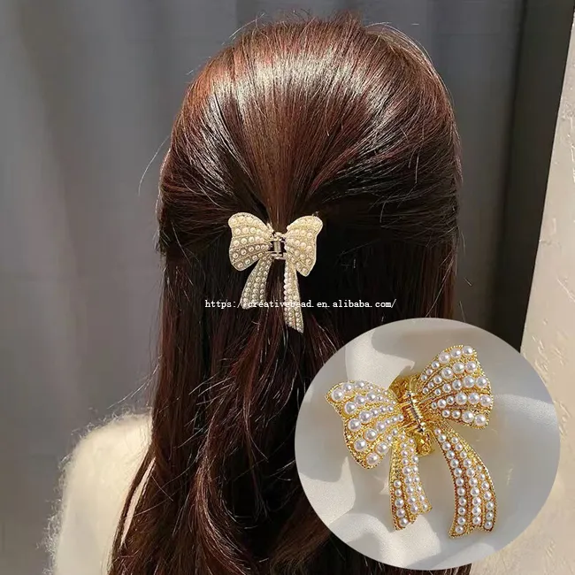 2021New 디자인 여성 Bowknot 진주 금속 머리핀 여자 달콤한 헤어 클립 헤어핀 모자 한국어 패션 헤어 액세서리