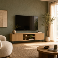 Meuble mural modulaire Japandi de haute qualité sur mesure, vitrine à portes vitrées, console TV cannelée, fabricant OEM