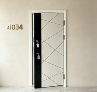 Porte d'entrée moderne à texture bois, avec panneaux de verre latéraux et porte d'entrée sécurisée.
