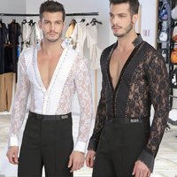 Costume de danse latine pour homme, tenue de scène en spandex et polyester avec strass, robe en dentelle, grande taille