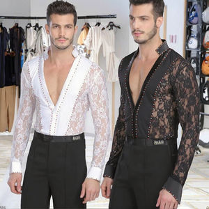 Traje de Baile Latino de Salón con Pedrería, Ropa de Actuación de Spandex y Poliéster, Camisa de Encaje, Pantalones de Rumba y Samba, Atuendo de Escenario Tallas Grandes - Product Image 3