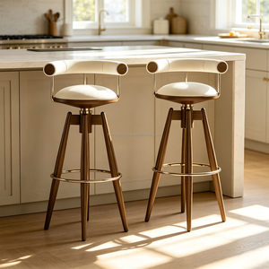 Taburetes y <span class=keywords><strong>Sillas</strong></span> de <span class=keywords><strong>Bar</strong></span> de Estilo Mid-Century, Taburete Giratorio de Madera Maciza con Asiento Acolchado y Reposapiés Alto, Silla para Terraza, <span class=keywords><strong>Bar</strong></span> en Casa y Comedor - Product Image 4