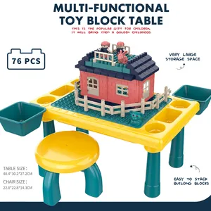 Bloco de construção de tamanho grande, 76 pçs, conjunto de brinquedos de mesa, diy, montagem, jogo de jardim de infância, mesa com cadeira e estojo