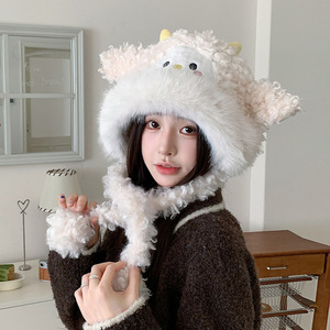 Chapeau d'hiver en peluche pour femmes, design de mouton de dessin animé, bonnet chaud coupe-vent avec protection des oreilles, circonférence de la tête 54-56Cm - Product Image 1