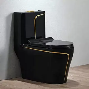 الأكثر مبيعًا تصميم خط ذهبي خزانة مياه قطعة واحدة طقم مرحاض وحوض أسود سيراميك أدوات صحية مراحيض بلون أسود