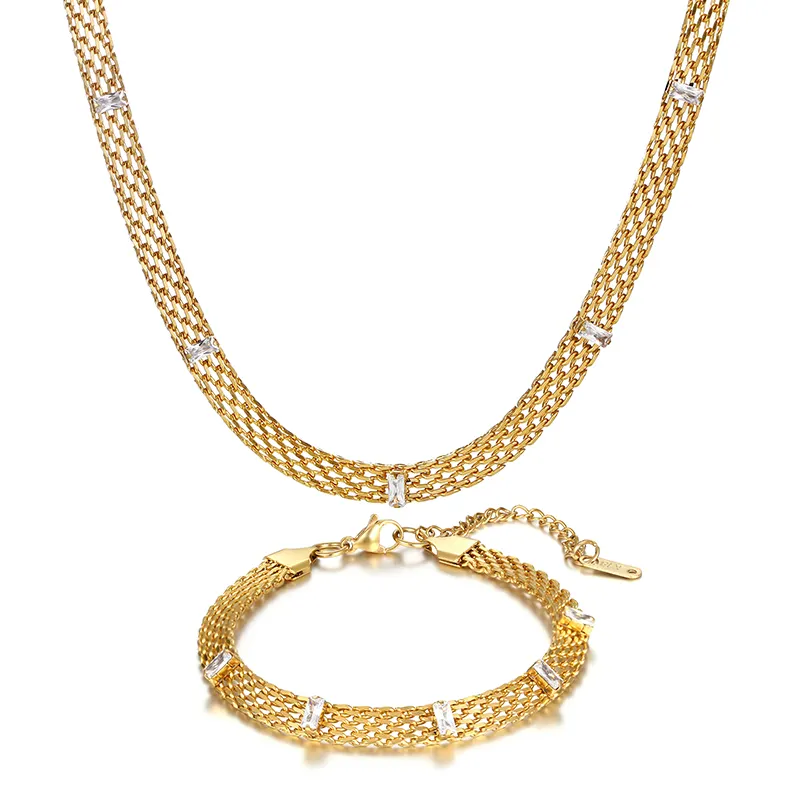 Conjunto de pulsera y collar de acero inoxidable chapado en oro de 18K, cadena ancha con piedras de circonio Natural, PVD