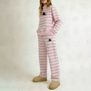 Ensemble sweat-shirt à col montant rayé en molleton de coton et pantalon de détente à cordon de serrage, broderie personnalisée, ensemble de survêtement décontracté pour femmes en deux pièces - Product Image 3