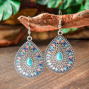 Bohemia Style Silver Plated Turquoise <b>Tassel</b> <b>Earrings</b> Women's Everyday Wear Cultural Jewelry Set - Product Image 2