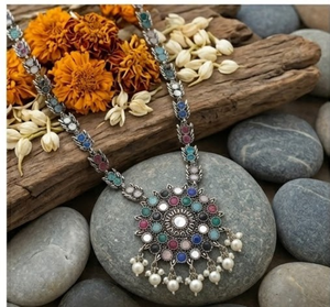 Women's Multi-Color Stone and Pearl <b>Circular</b> Medallion Oxydized Necklace Traditional Ethnic Statement Jewelry Fashion - Product Image 4