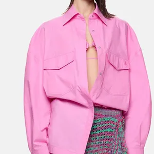 女性ピンクのシャツトップス特大フィットボタンスルーフロントドロップショルダーオーガニックコットン特大シャツ