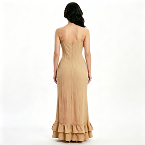 Elegante <span class=keywords><strong>Abito</strong></span> Lungo Beige con <span class=keywords><strong>Grande</strong></span> Fiocco sul <span class=keywords><strong>Seno</strong></span>, Spalline Sottili, Orlo Arricciato e Silhouette Fluida, Perfetto per Serate ed Eventi Formali - Product Image 3