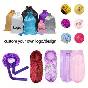 Bonnet de nuit en satin long pour femme, 2 couches de soie, élastique, avec large bande, pour tresses, cadeau promotionnel - Product Image 2