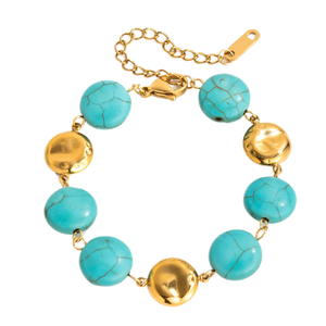 Pulsera de Acero Inoxidable con Dijes Geométricos Azules Turquesa de Moda Europea y Americana, Chapada en Oro de 18K, Accesorio Versátil para Mujer - Product Image 1
