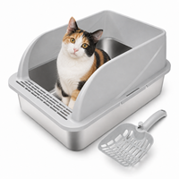 Bac à litière pour chaton en acier inoxydable, ouvert en haut, ergonomique, en métal, facile à nettoyer, grande capacité