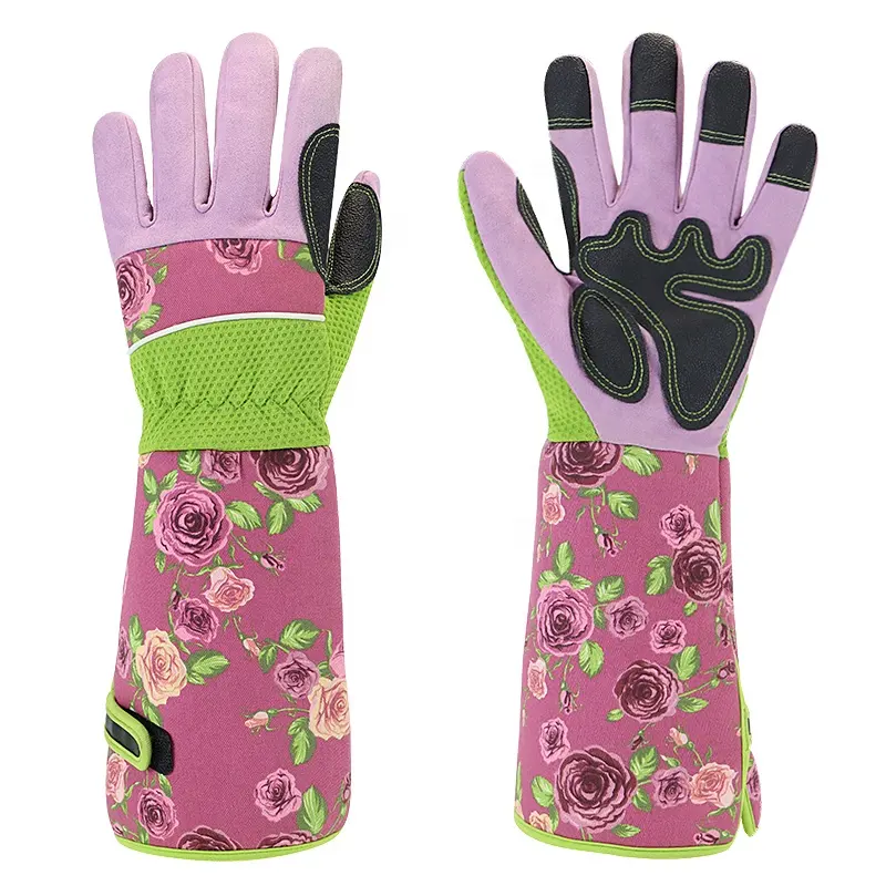 Vrouwen Lange Mouw Handschoenen Met Punctie Slip Palm Rose Patroon Katoen/Tuinieren/Winter Werkhandschoenen/Veiligheid Handschoenen