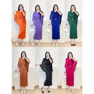 <span class=keywords><strong>Robe</strong></span> midi plissée dorée élégante de qualité avec ceinture, style musulman turc islamique, col en V, manches courtes - Product Image 3