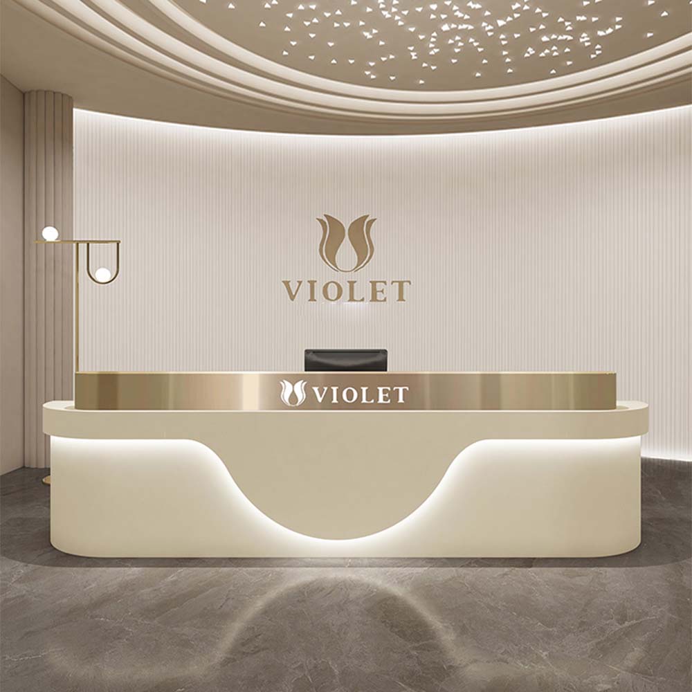 Mobili moderni di lusso per saloni di bellezza Spa in legno con bancone Reception Color oro in vendita