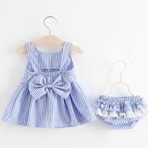 Summer baby girls clothing set sleeveless dress with bowknot panty set