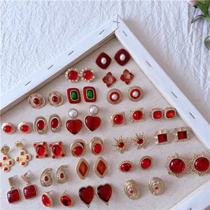 New style red retro geometric stud big pearl earrings women jewelry