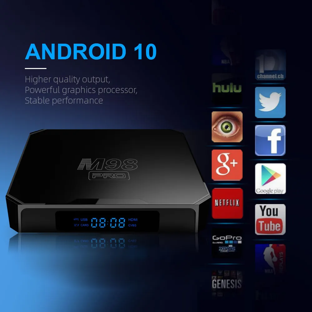 Android10.0 smart set top box M98 PRO BT5.0 h313 dual Wifi5 4K display digitale 2024 WSEE