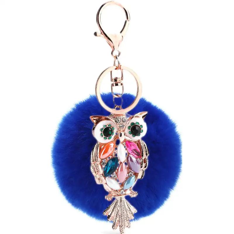 Genuine rabbit fur ball keychain with rhinestone owel Rabbit fur pompom Metal keyring for bag decoration Accessories Ornaments