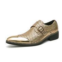 Chaussures en cuir pour hommes à boucle métallique pointue, couleur or et argent brillante, chaussures de cérémonie pour mariage et bal de promo