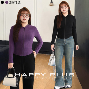 Happy Plus Zippered Fitted <b>Long</b> <b>Sleeve</b> <b>Top</b> N9041 Purple Plus Size Women's Sweater Solid Color Viscose Fiber Medium Thickness - Product Image 4