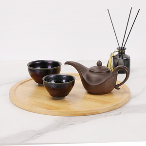 Round Bamboo <b>Tea</b> <b>Tray</b> For Tableware Storage With Teapot And Cups Set - Product Image 1