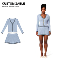 Ensemble deux pièces plissé côtelé à col en V brodé avec jupe et cardigan pour femme – Vêtements féminins