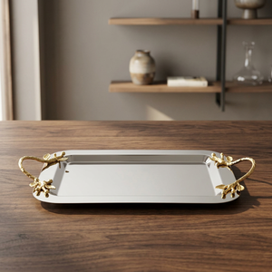 Bandeja de Servir de Acero Inoxidable, Plato Rectangular Decorativo para Postres con Asas Florales en Tono Dorado para Hotel, Bodas y Hogar - Product Image 3